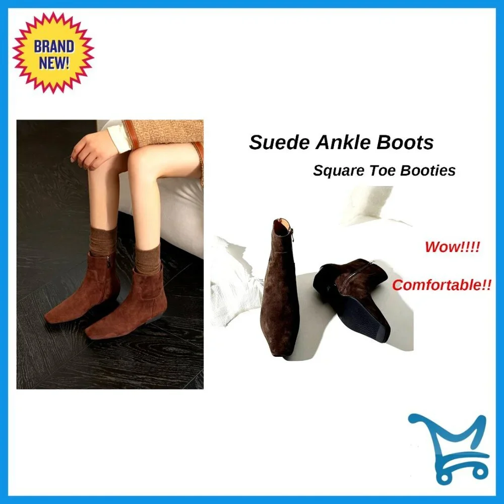 Square Toe Ankle Boots Low Heel Booties Side Zip Comfortable Winter Shoes